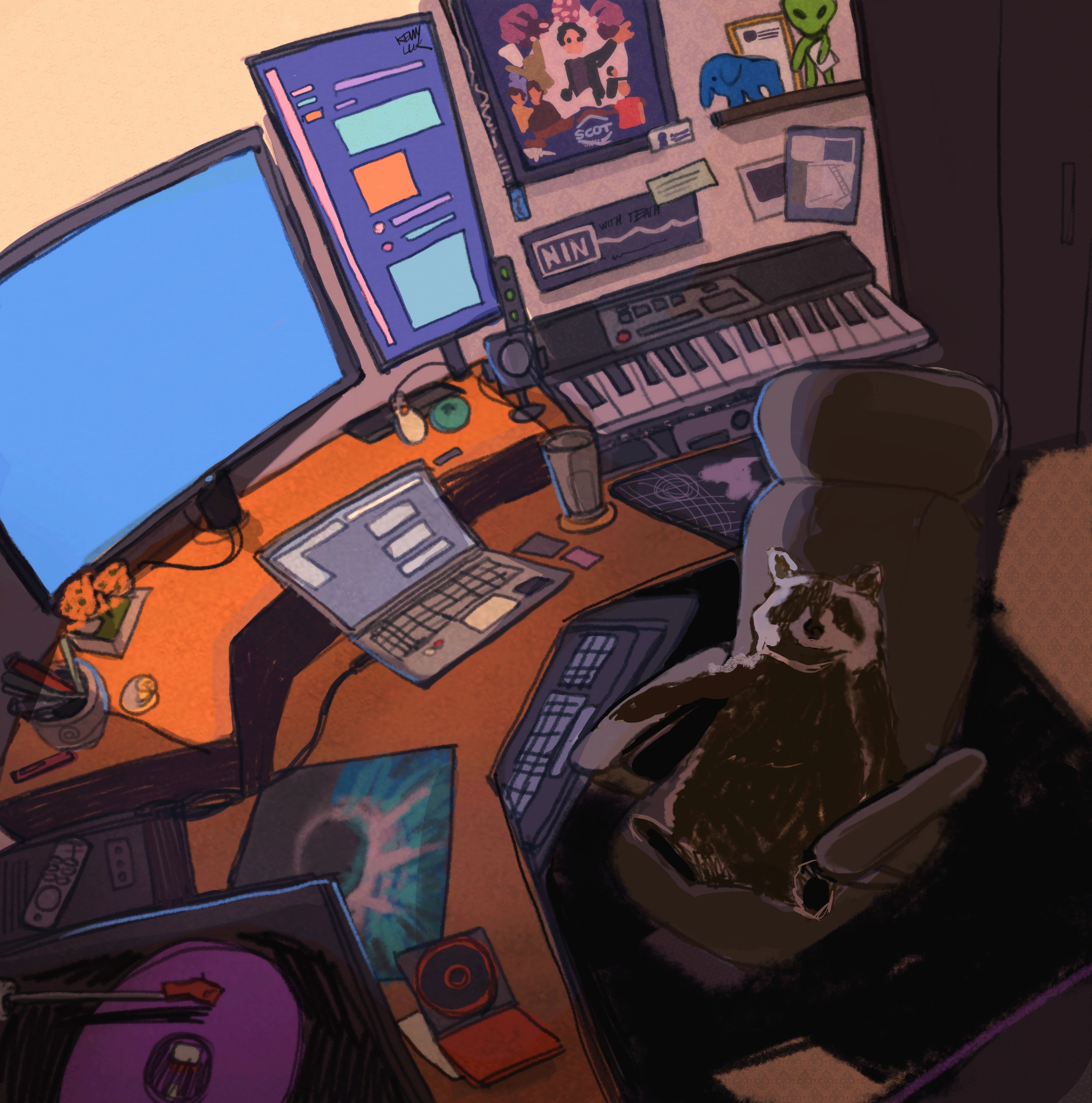 raccoon in a chair at a desk